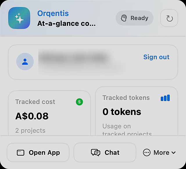 Orqentis compact tray panel showing the menu bar operator view