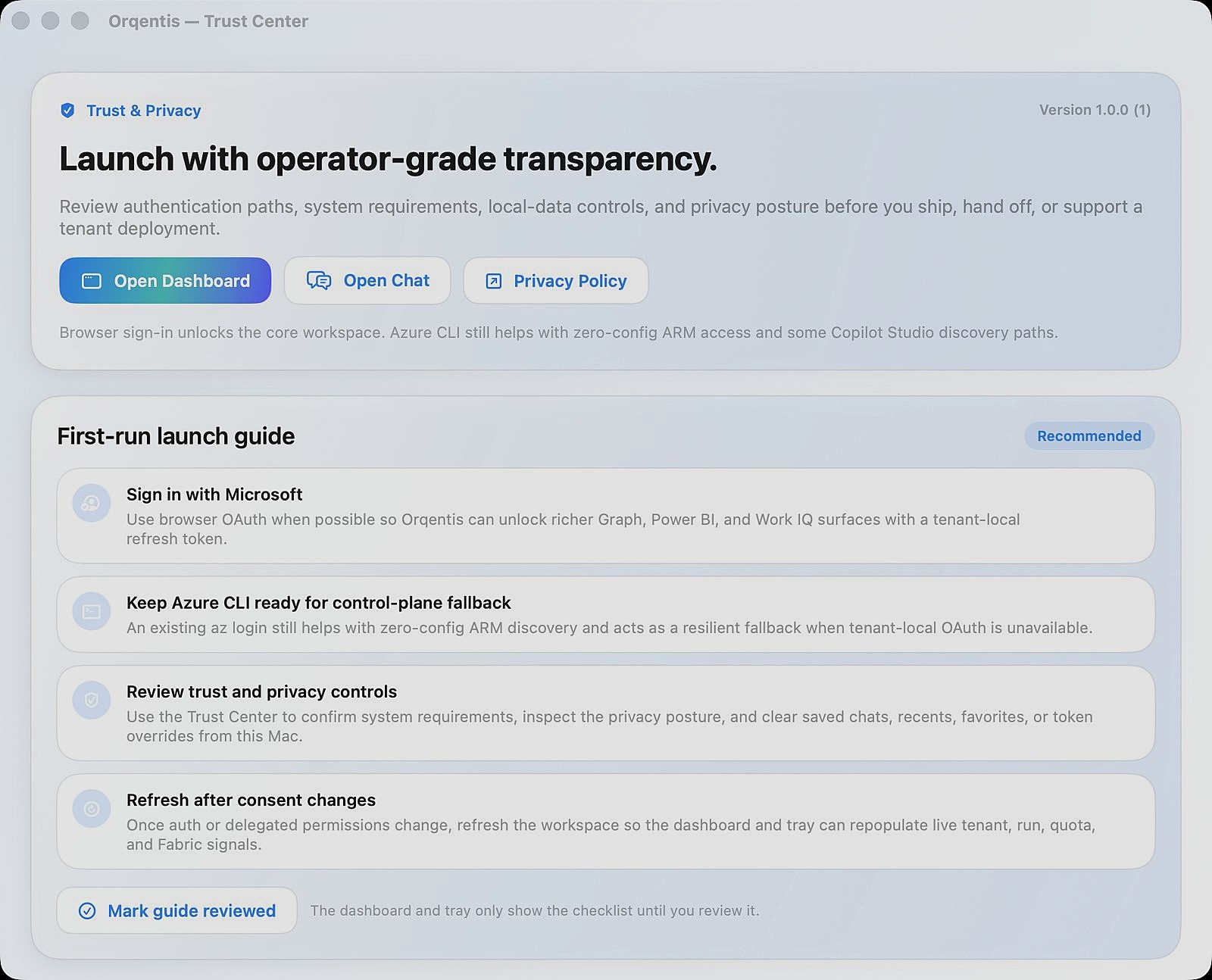 The Orqentis Trust Center showing launch guidance, privacy posture, and local-data controls